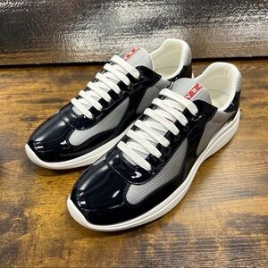 Prada Black Patent & Gray Mesh Low-Top Sneakers